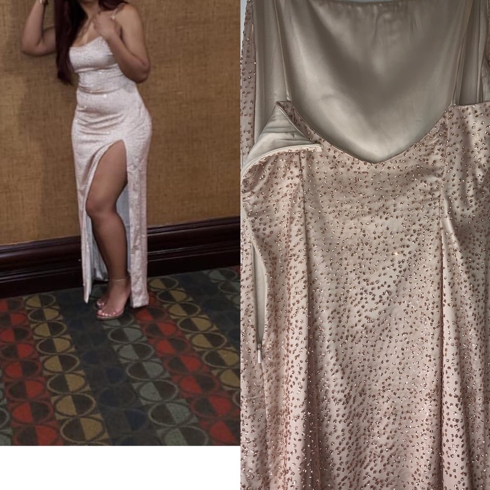 MESHKI Rose gold sparkly  long strapless dress